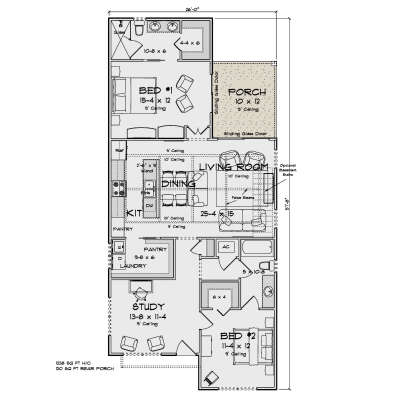 First-floor plan drawing with 2BR, 2BA, kitchen, dining, living room, study, pantry, Ldry, porch, and 10' ceilings. House Plan # 4848-00657