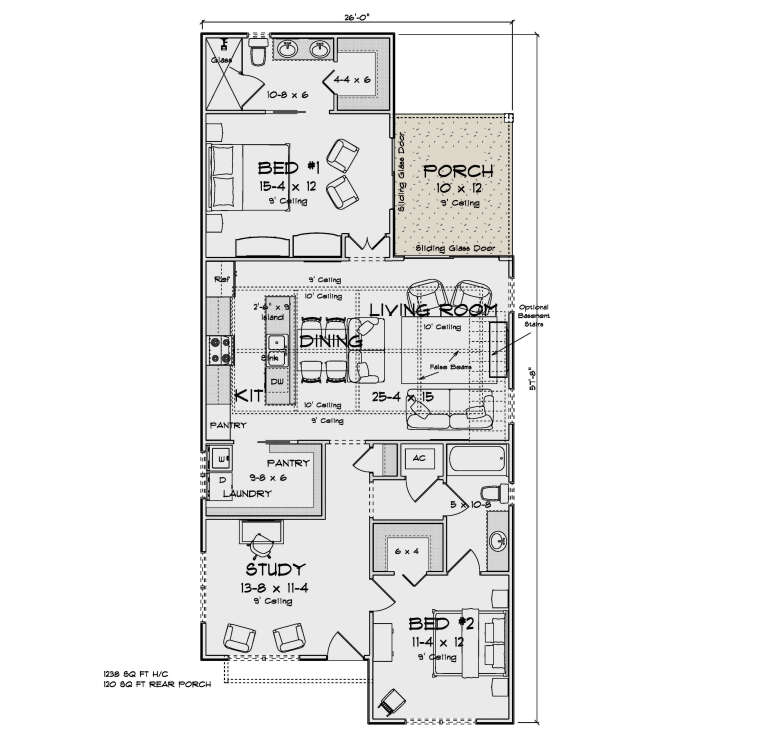 Main floor plan drawing with 2BR, 2BA, kitchen, dining, living room, study, pantry, Ldry, porch, and 10' ceilings. House Plan # 4848-00658