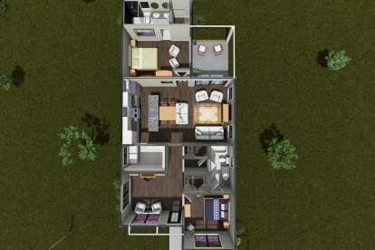 Main floor plan drawing with 2BR, 2BA, open kitchen, living room, office, Ldry, WIC, and covered deck. House Plan # 4848-00658