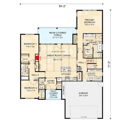 Main floor plan drawing with 3BR, 2.5BA, vaulted great room, fireplace, kitchen, pantry, Ldry, WIC, 2-car garage, 2 porches. House Plan # 3125-00057