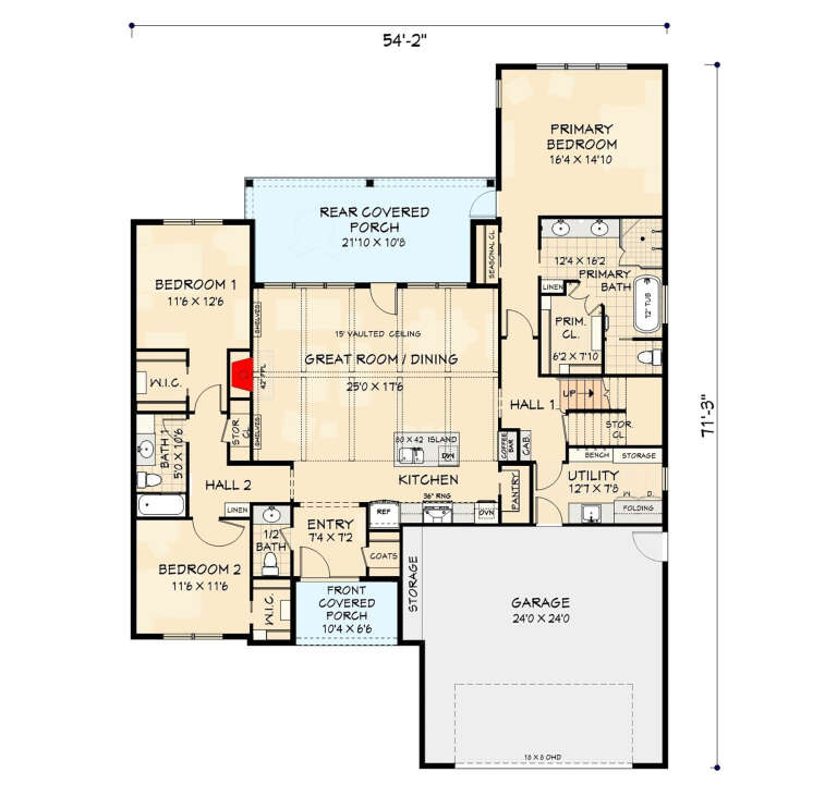 Main floor plan drawing with 3BR, 2.5BA, vaulted great room, fireplace, kitchen, pantry, Ldry, WIC, 2-car garage, 2 porches. House Plan # 3125-00057