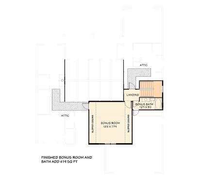 Bonus room floor plan drawing with 1BA, landing, stairs, sloped ceilings, and attic storage space. House Plan # 3125-00057