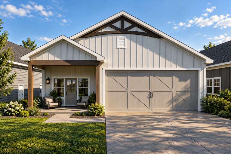 Front view of a white house in Modern Farmhouse style, board-and-batten siding, wood accents, and double garage door. House Plan # 3532-00006