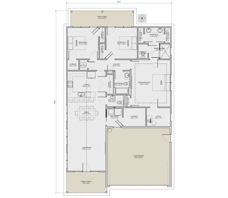Main floor plan drawing with 3BR, 2.5BA, kitchen, dining, living, office, mudroom, 2-car garage, and front/back porches. House Plan # 3532-00006