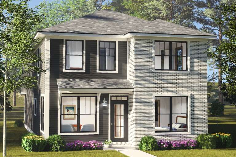 Angled front view of a gray and white Contemporary house, brick and siding, black windows, hip roof, and front entry. House Plan # 4848-00659