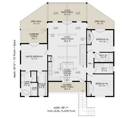 Main floor plan drawing with 3BR, 2BA, vaulted great room/kitchen, WIC, utility, screened porch, rear porch, 2 decks, porch. House Plan # 940-01497