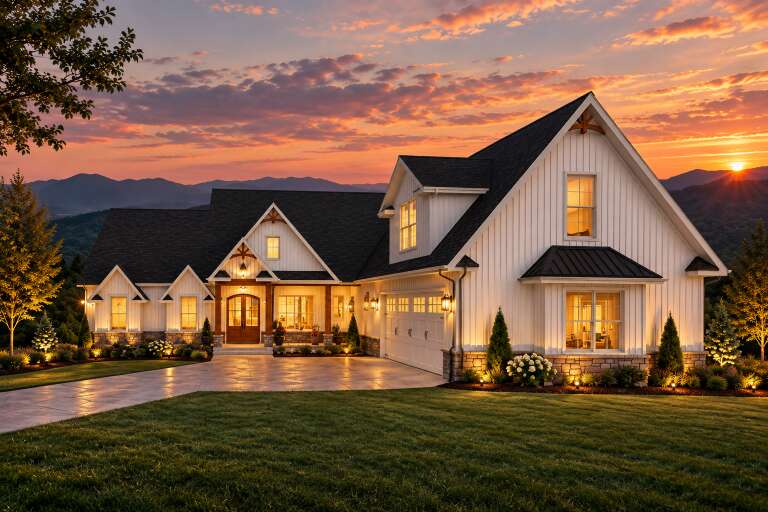 Angled front view of a white house in Modern Farmhouse style, board-and-batten siding, stone base, and illuminated porch. House Plan # 1625-00002