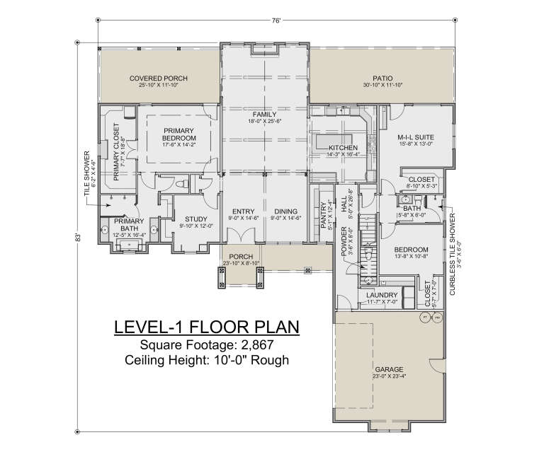 Level-1 floor plan drawing with 2BR, 2.5BA, study, kitchen, family room, pantry, Ldry, 2-car garage, porch, and patio. House Plan # 1625-00002