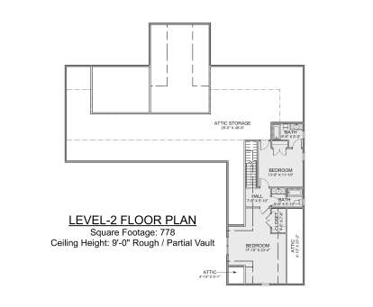 Second-floor plan drawing with 2BR, 2BA, hall, closet, stairs, attic storage, and partial vaulted ceiling. House Plan # 1625-00002