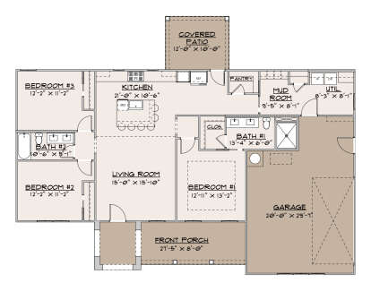 Main floor plan drawing with 3BR, 2BA, kitchen, living room, pantry, mud room, util, 2-car garage, front porch, covered patio. House Plan # 2080-00006