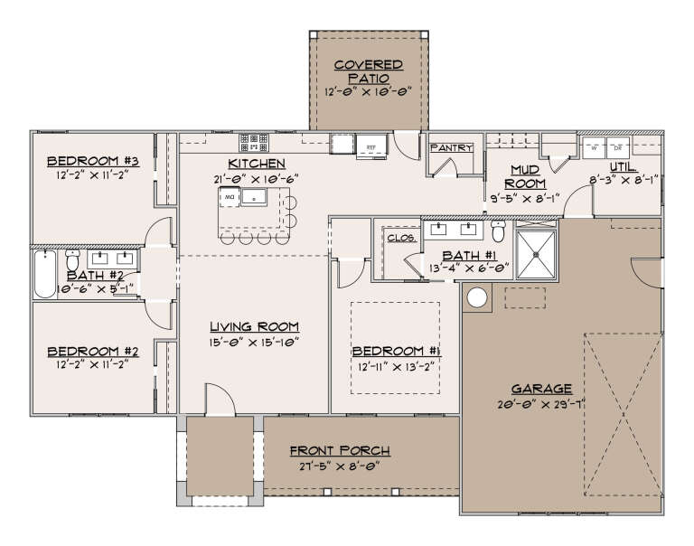 Main floor plan drawing with 3BR, 2BA, kitchen, living room, pantry, mud room, util, 2-car garage, front porch, covered patio. House Plan # 2080-00006
