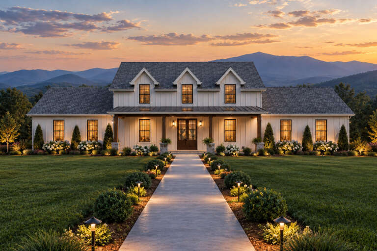 Front view of a white house in Modern Farmhouse style, board-and-batten siding, dormers, metal porch roof, and landscape. House Plan # 1625-00003
