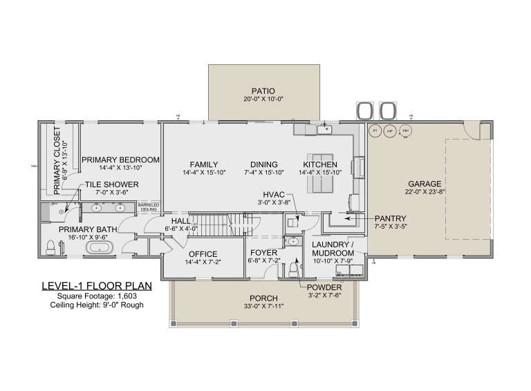 Level-1 floor plan drawing with 1BR, 1.5BA, office, family, dining, kitchen, pantry, Ldry, 2-car garage, patio, and porch. House Plan # 1625-00003
