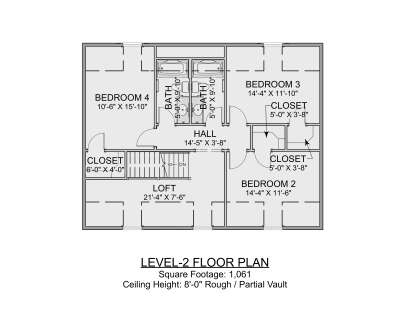 Second-floor plan drawing with 3BR, 2BA, loft, 3 closets, stairs, and partial vaulted ceilings. House Plan # 1625-00003