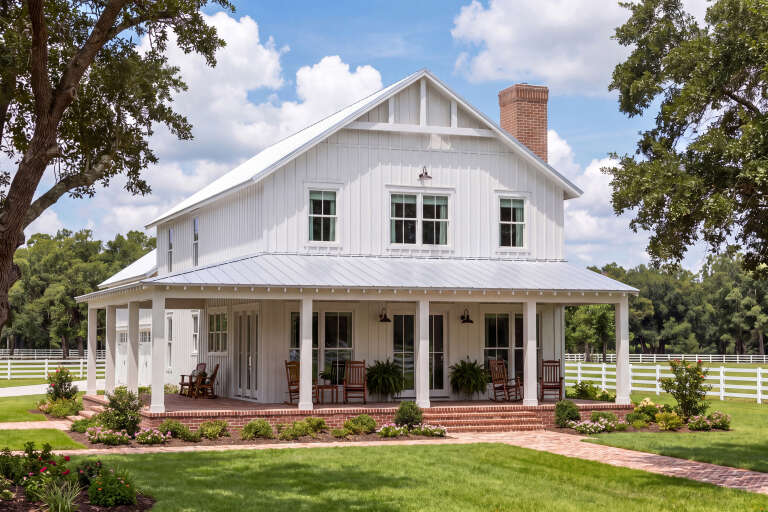 Angled front view of a white house in Barndominium style, metal roof, brick porch, and wrap-around veranda. House Plan # 041-00460