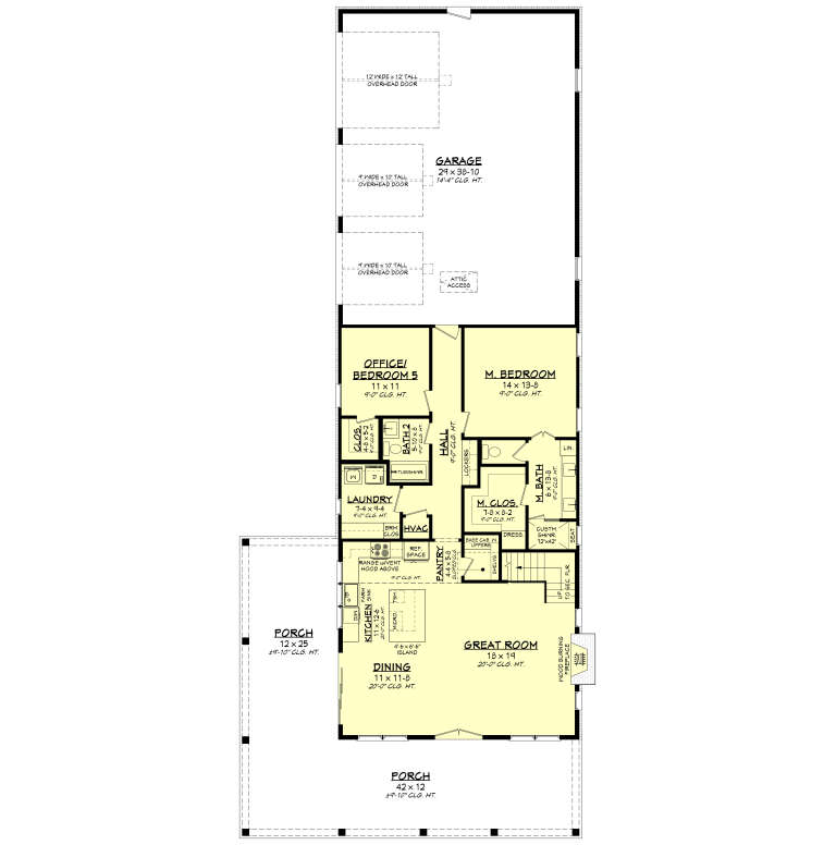 Main floor plan drawing with 2BR, 2BA, kitchen, dining, great room, fireplace, pantry, Ldry, WIC, 3-car garage, and porches. House Plan # 041-00460