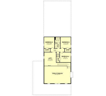 Second-floor plan drawing with 3BR, 1BA, loft, closets, HVAC, attic access, stairs, and open-to-below area. House Plan # 041-00460