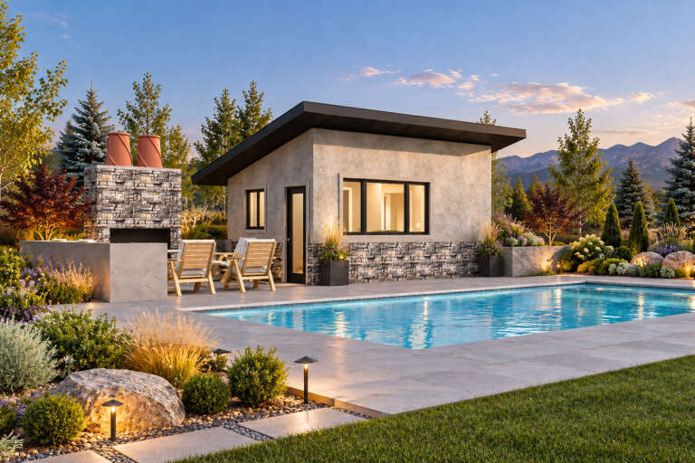 Angled front view of a beige house in Contemporary style, stone base, shed roof, outdoor fireplace, and swimming pool. House Plan # 2802-00586