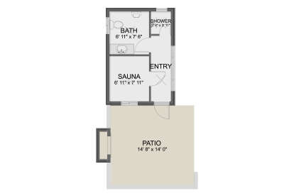 Floor plan drawing with sauna, BA, shower, entry, and patio. House Plan # 2802-00586
