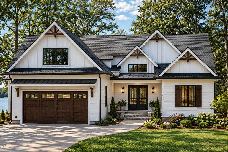 Front view of a white house in Modern Farmhouse style, board-and-batten siding, dark wood garage, and gabled roof. House Plan # 6102-00014