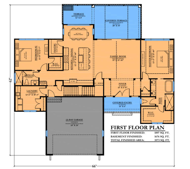 First-floor plan drawing with 2BR, 2BA, vaulted family room, kitchen, pantry, WIC, Ldry, 2-car garage, and covered terrace. House Plan # 6102-00014