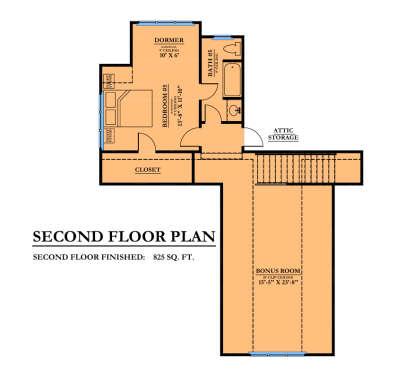 Second-floor plan drawing with 1BR, 1BA, bonus room, dormer, closet, attic storage, and stairs. House Plan # 6102-00014