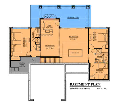 Basement floor plan drawing with 2BR, 2BA, rec room, bar, exercise room, stairs, 10' ceilings, and covered patio. House Plan # 6102-00014