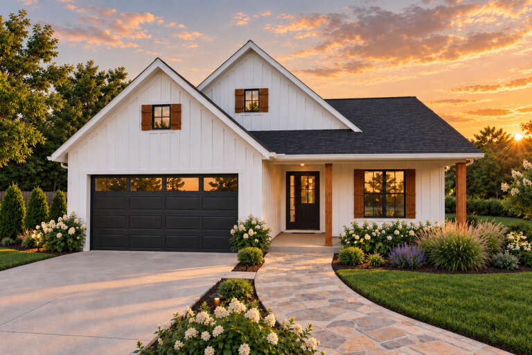 Front view of a white house in Modern Farmhouse style, board-and-batten siding, black garage, wood shutters, and landscaping. House Plan # 2559-01128