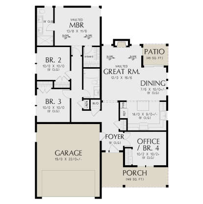 Main floor plan drawing with 4BR, 2BA, vaulted great room and MBR, kitchen, dining, office, 2-car garage, and porch. House Plan # 2559-01128