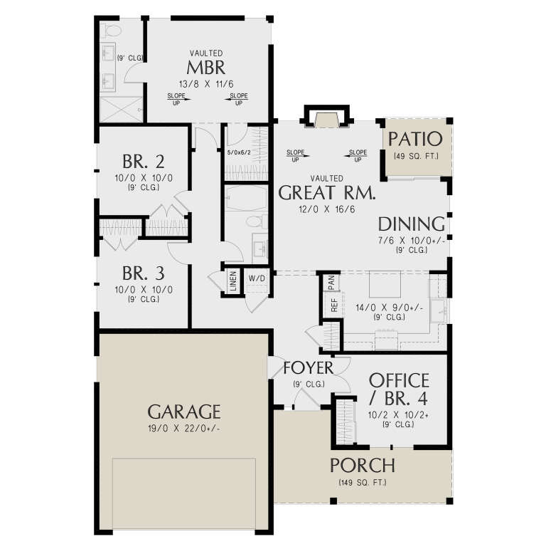 Main floor plan drawing with 4BR, 2BA, vaulted great room and MBR, kitchen, dining, office, 2-car garage, and porch. House Plan # 2559-01128