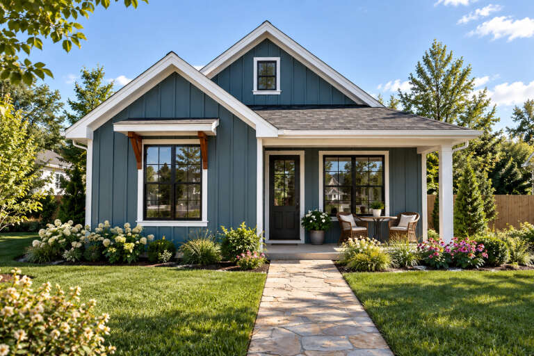 Front view of a blue house in Cottage style, board-and-batten siding, covered porch, black windows, and stone walkway. House Plan # 2559-01129