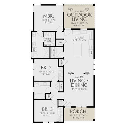 Main floor plan drawing with 3BR, 2BA, vaulted living/dining/kitchen, WIC, Ldry, pantry, porch, and outdoor living area. House Plan # 2559-01129