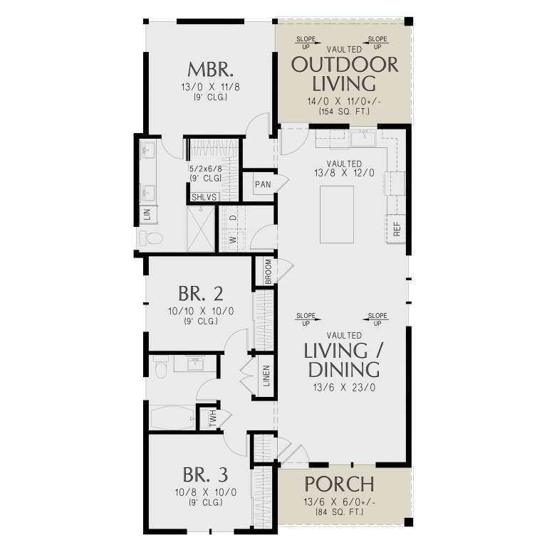 Main floor plan drawing with 3BR, 2BA, vaulted living/dining/kitchen, WIC, Ldry, pantry, porch, and outdoor living area. House Plan # 2559-01129