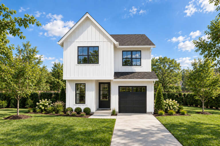 Front view of a white house in Contemporary style, board-and-batten siding, black windows, dark roof, and garage. House Plan # 2559-01130