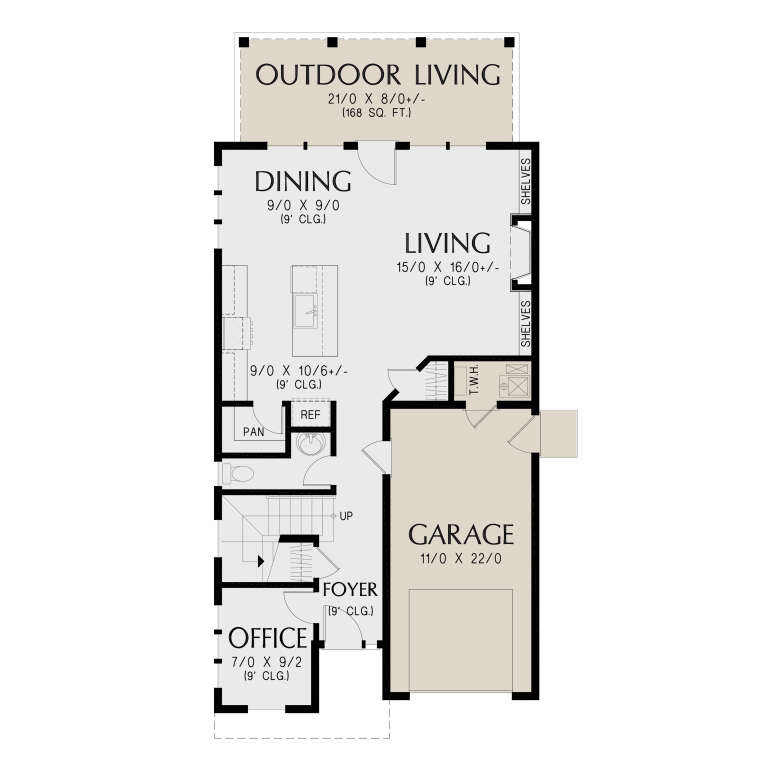 Main floor plan drawing with office, 1BA, open kitchen, living, dining, 1-car garage, stairs, and outdoor living area. House Plan # 2559-01130