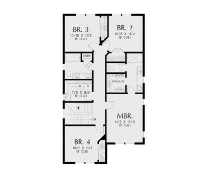 Second-floor plan drawing with 4BR, 2BA, Ldry, WIC, linen closet, 9' ceilings, and stairs. House Plan # 2559-01130