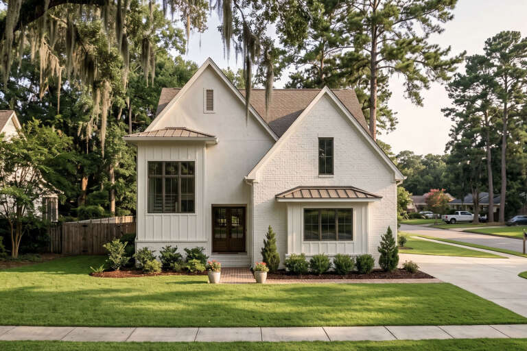 Front view of a white house in Cottage style, brick and board-and-batten siding, metal roof accents, and lush landscaping. House Plan # 963-01345