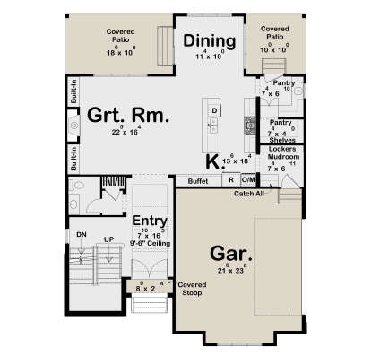 Main floor plan drawing with great room, kitchen, dining, mudroom, 2 pantries, 1BA, 2-car garage, 2 covered patios, stoop. House Plan # 963-01345