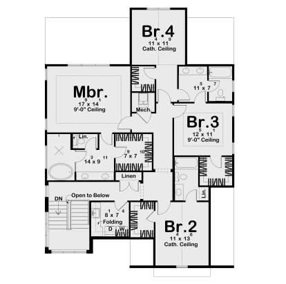 Second-floor plan drawing with 3BR, 2BA, Mbr suite, Ldry, WIC, linen closets, stairs, and open-to-below area. House Plan # 963-01345