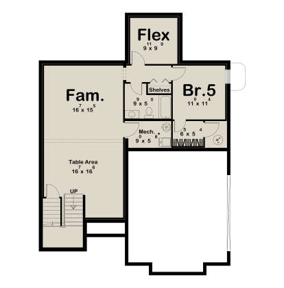 Basement floor plan drawing with 1BR, 1BA, flex room, family room, table area, mechanical room, and stairs. House Plan # 963-01345