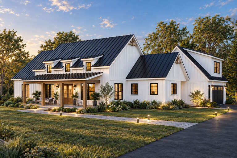 Angled front view of a white house in Modern Farmhouse style, black metal roof, wood porch, and lush landscaping. House Plan # 940-01498