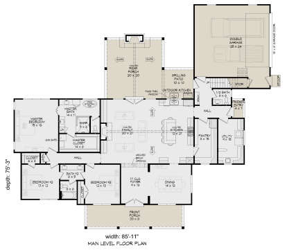 Main floor plan drawing with 3BR, 2.5BA, vaulted family/kitchen/porch, pantry, Ldry, 2-car garage, and front/rear porches. House Plan # 940-01498