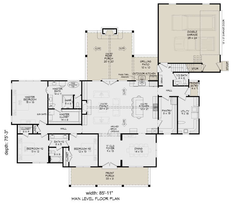 Main floor plan drawing with 3BR, 2.5BA, vaulted family/kitchen/porch, pantry, Ldry, 2-car garage, and front/rear porches. House Plan # 940-01498