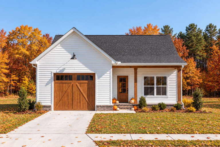 Front view of a white house in Modern Farmhouse style, wood garage door, covered porch, and fall landscaping. House Plan # 7568-00068