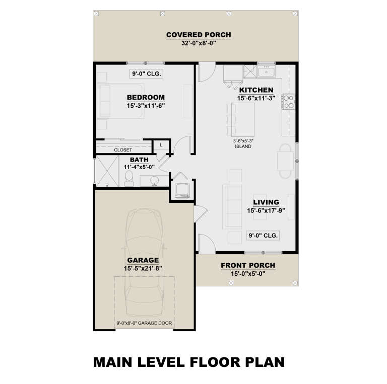 Main level floor plan drawing with 1BR, 1BA, kitchen with island, living room, 1-car garage, front and rear covered porches. House Plan # 7568-00068