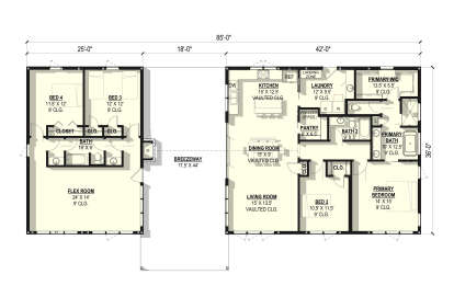 Main floor plan drawing with 4BR, 3BA, flex room, vaulted kitchen/living/dining, pantry, Ldry, primary WIC, and breezeway. House Plan # 3822-00058