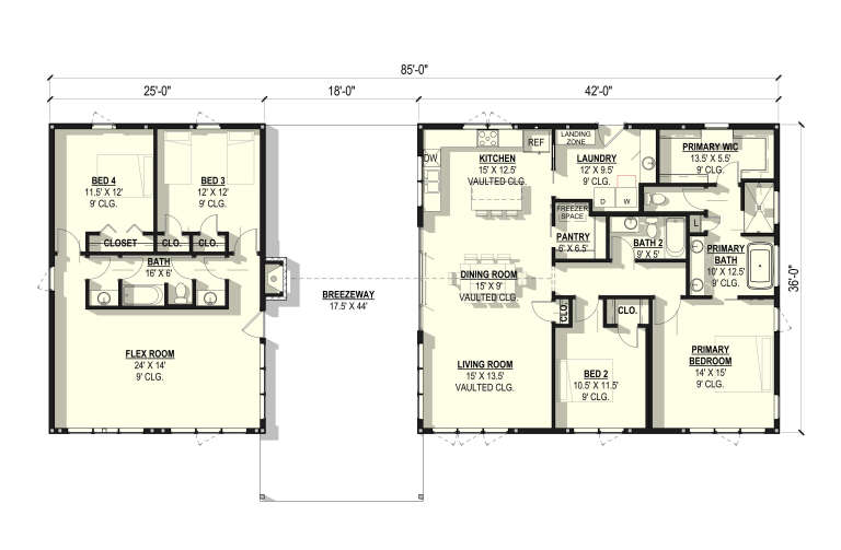 Main floor plan drawing with 4BR, 3BA, flex room, vaulted kitchen/living/dining, pantry, Ldry, primary WIC, and breezeway. House Plan # 3822-00058