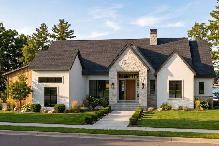 Front view of a white house, stone facade, wood accents, dark roof, black windows, and manicured landscaping. House Plan # 963-01346