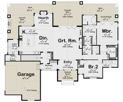 Main floor plan drawing with 2BR, 2.5BA, kitchen, hearth, grt rm, butler pantry, mudroom, 2-car garage, and covered decks. House Plan # 963-01346