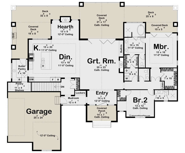 Main floor plan drawing with 2BR, 2.5BA, kitchen, hearth, grt rm, butler pantry, mudroom, 2-car garage, and covered decks. House Plan # 963-01346
